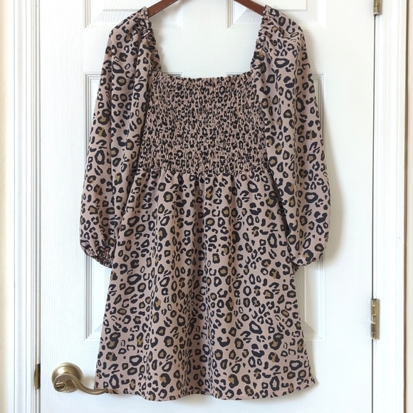 Sanctuary Leopard Print Smocked Square Neck Balloon Sleeve A-Line Mini Dress 4 - Picture 12 of 13